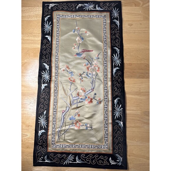 Other - Vintage Asian Silk Hand Embroidered Tapestry Floral Bird Design 13”x26”
